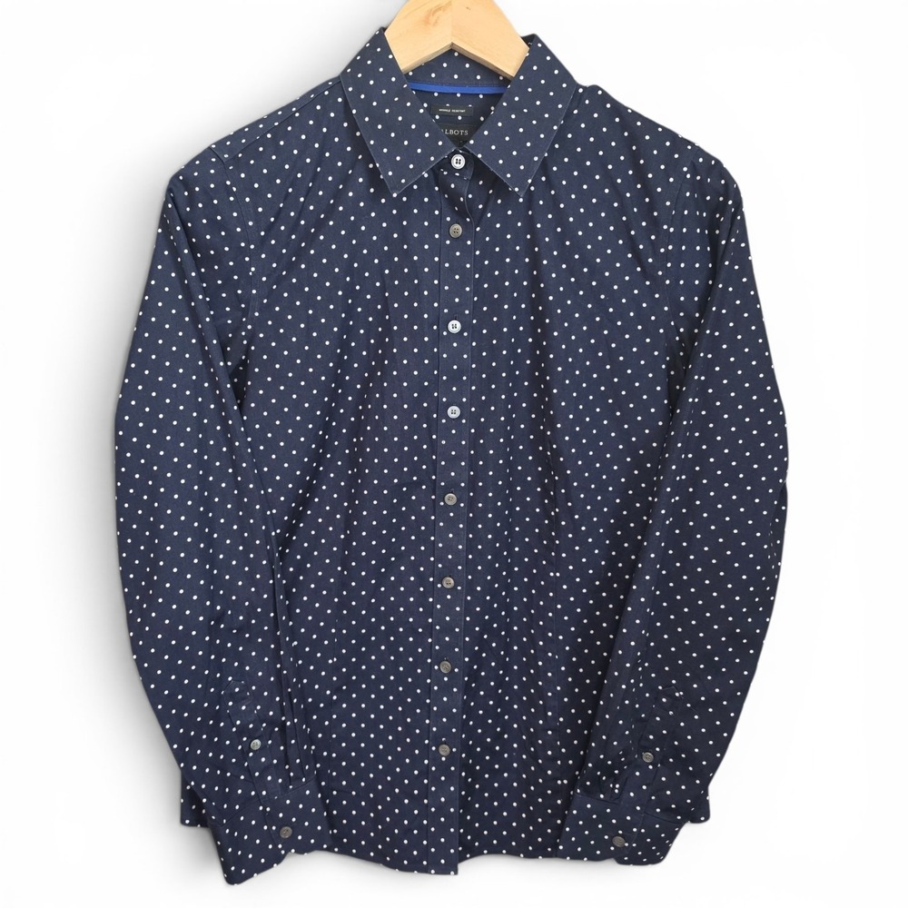 Talbots‎ Dress Shirt Womens 4 Navy Blue Polka Dot Button Up Wrinkle Resistant